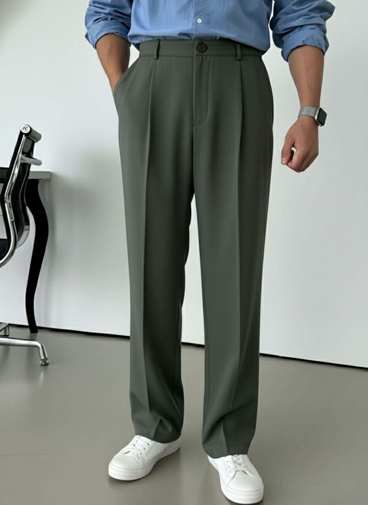 Men's Olive Relaxed Fit Pleated Trousers