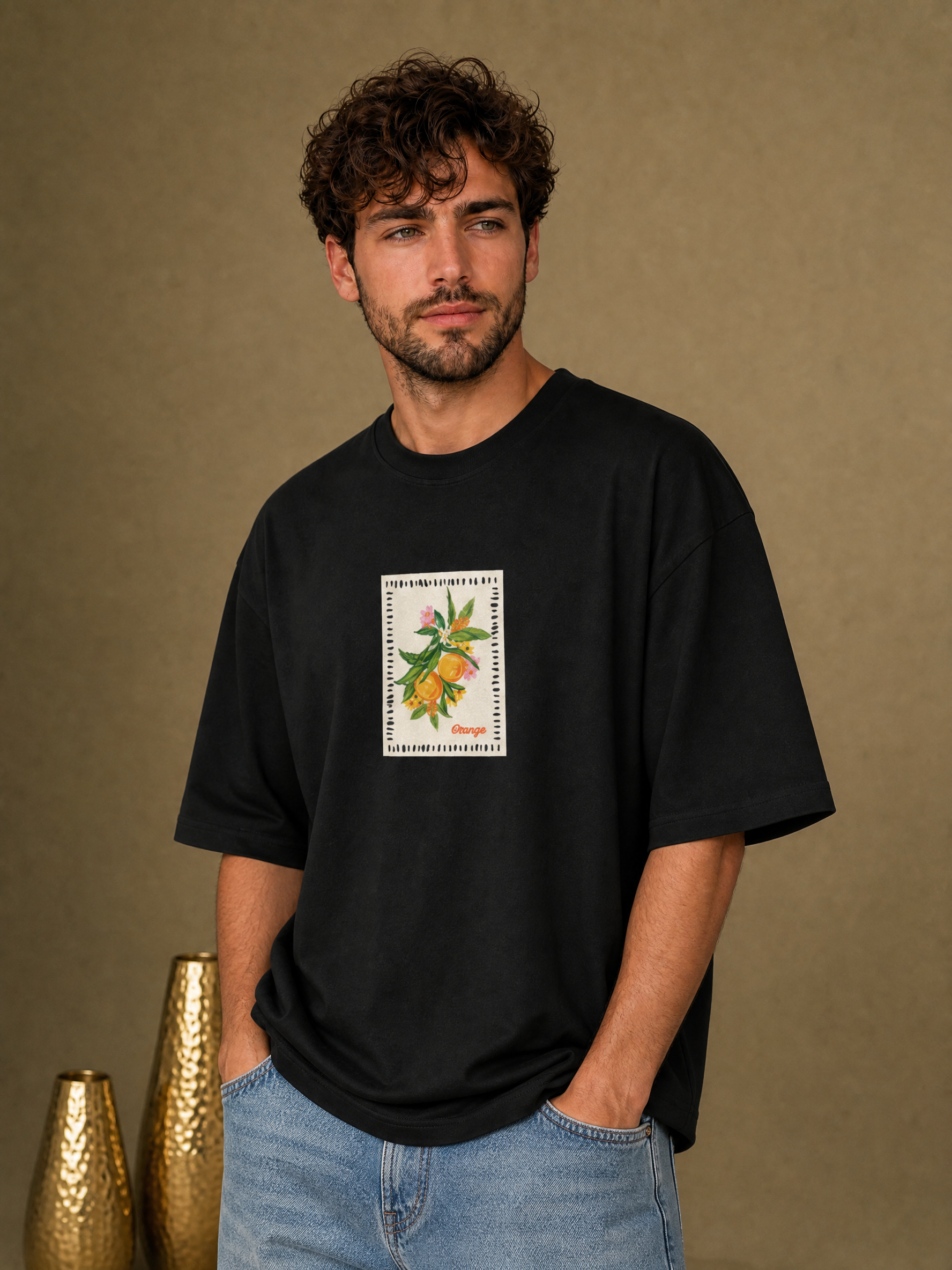 Men’s Orange Graphic Oversized T-Shirt - Black