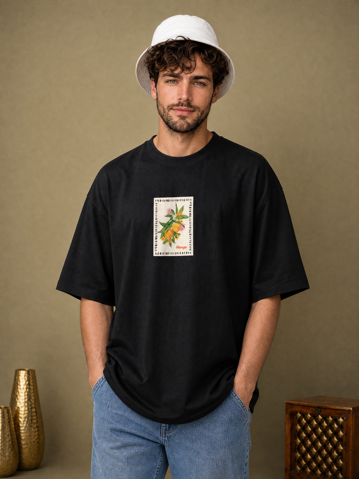 Men’s Orange Graphic Oversized T-Shirt - Black