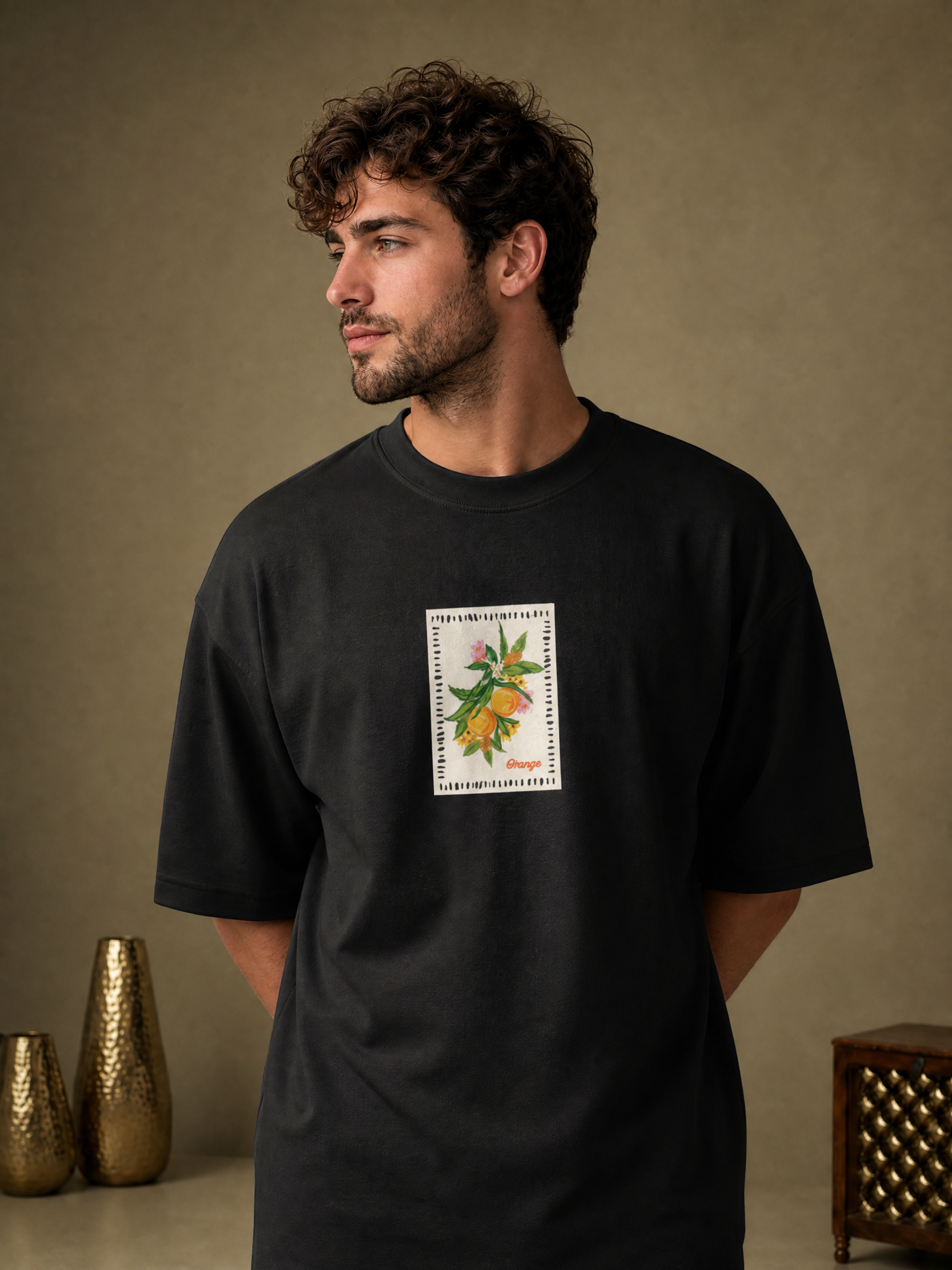 Men’s Orange Graphic Oversized T-Shirt - Black