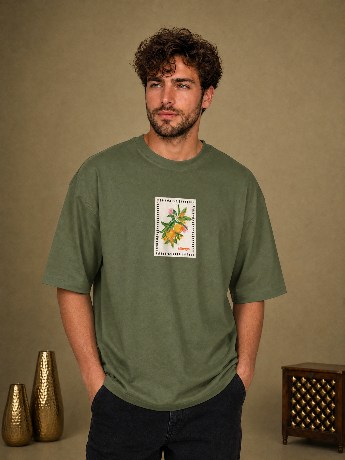 Men’s Orange Graphic Oversized T-Shirt - Olive