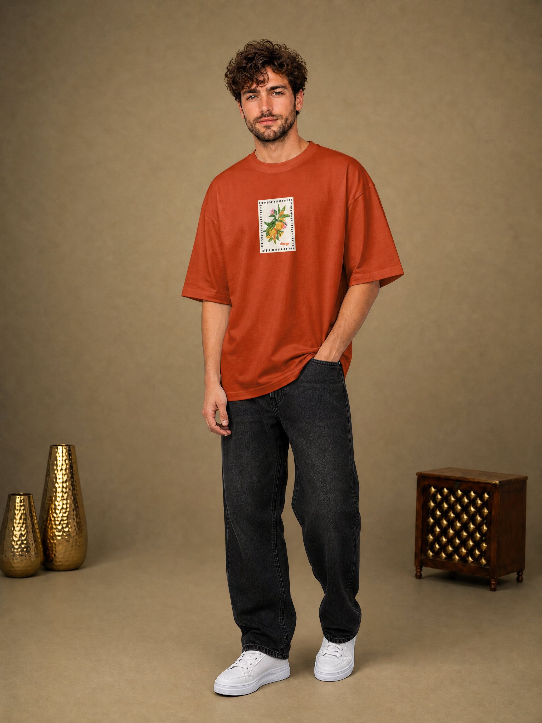 Men’s Orange Graphic Oversized T-Shirt - Orange