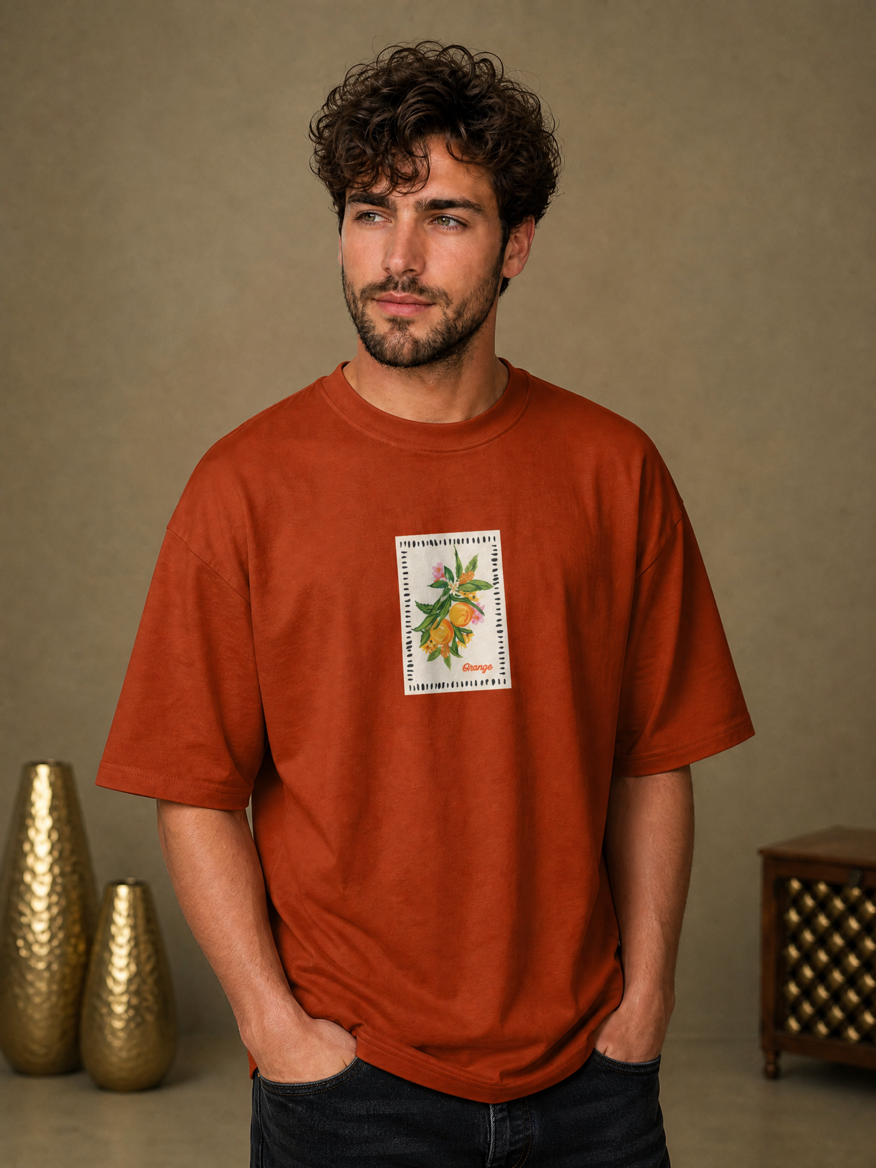 Men’s Orange Graphic Oversized T-Shirt - Orange
