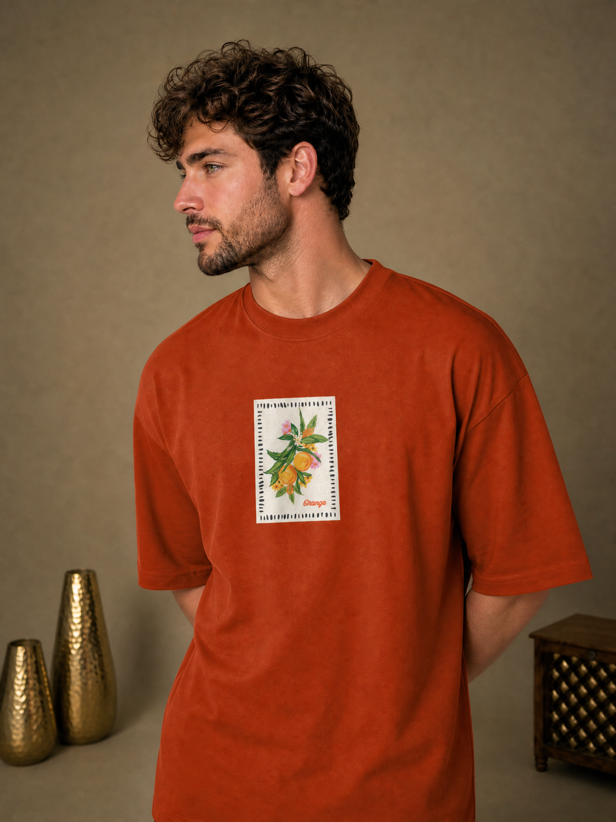 Men’s Orange Graphic Oversized T-Shirt - Orange