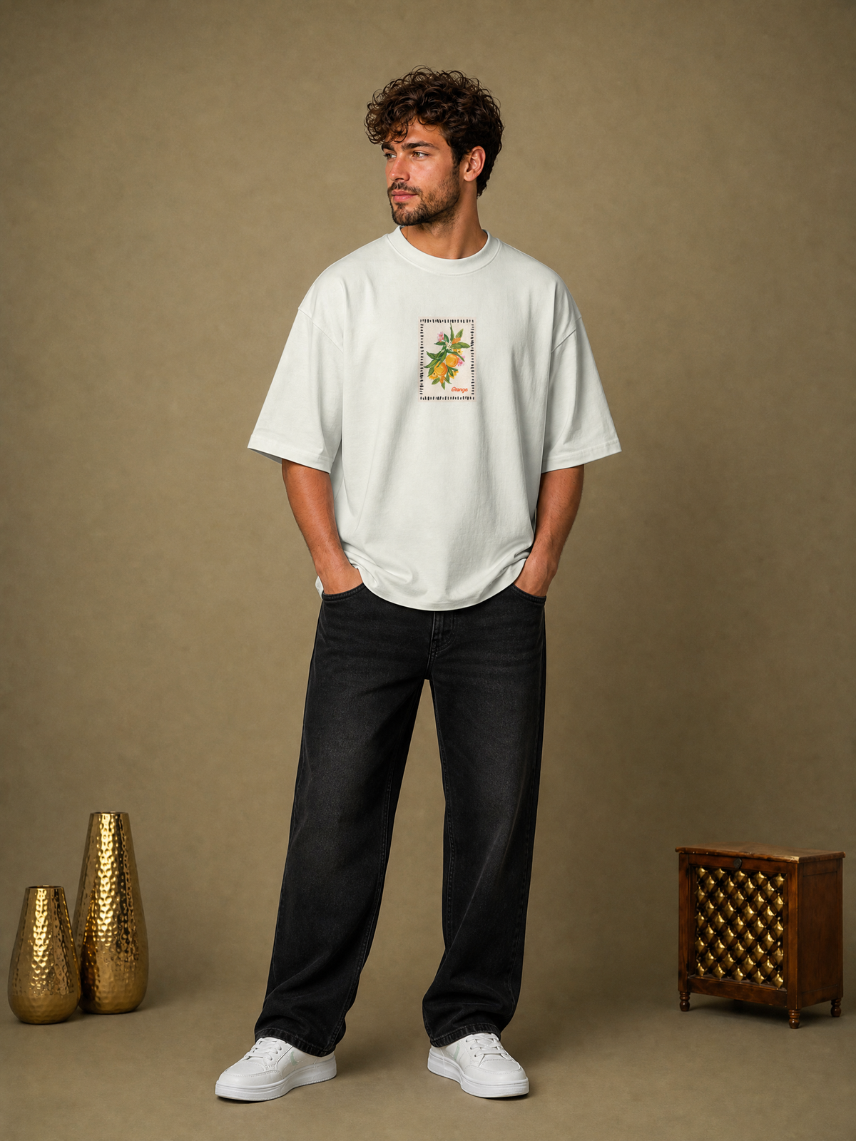 Men’s Orange Graphic Oversized T-Shirt - White