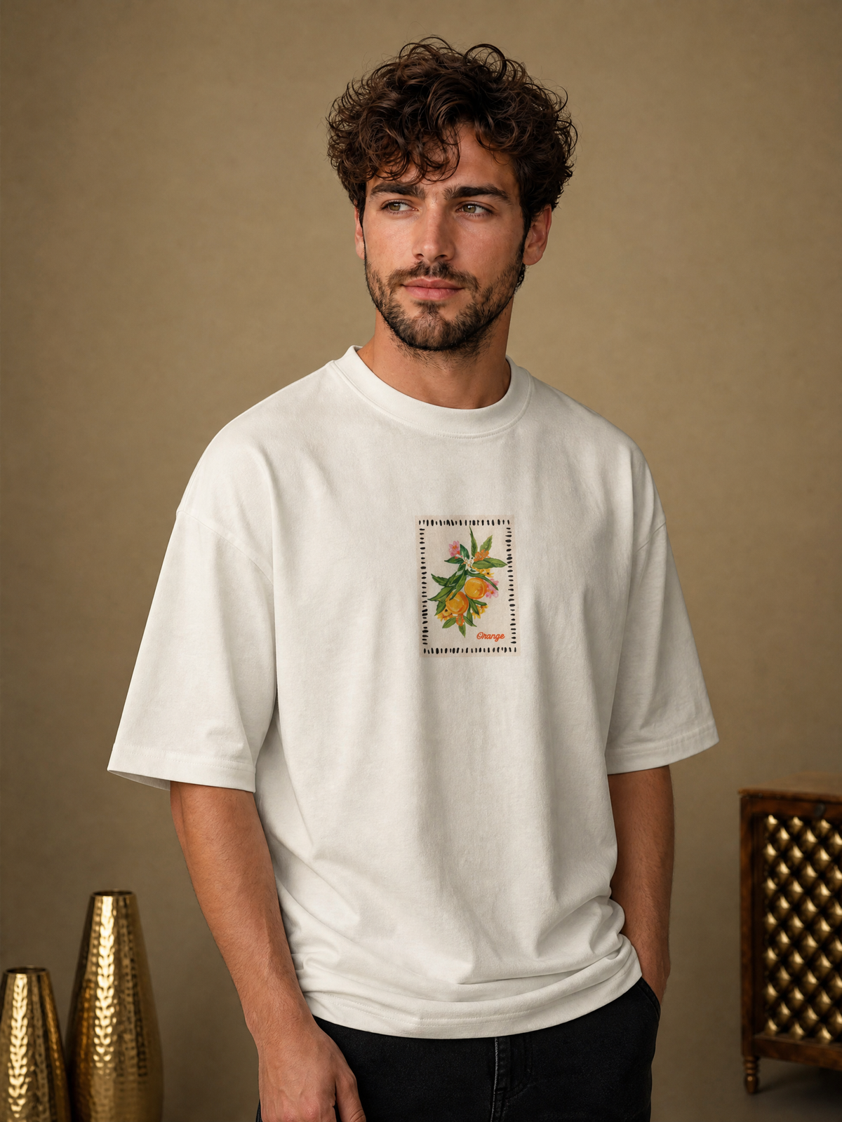 Men’s Orange Graphic Oversized T-Shirt - White