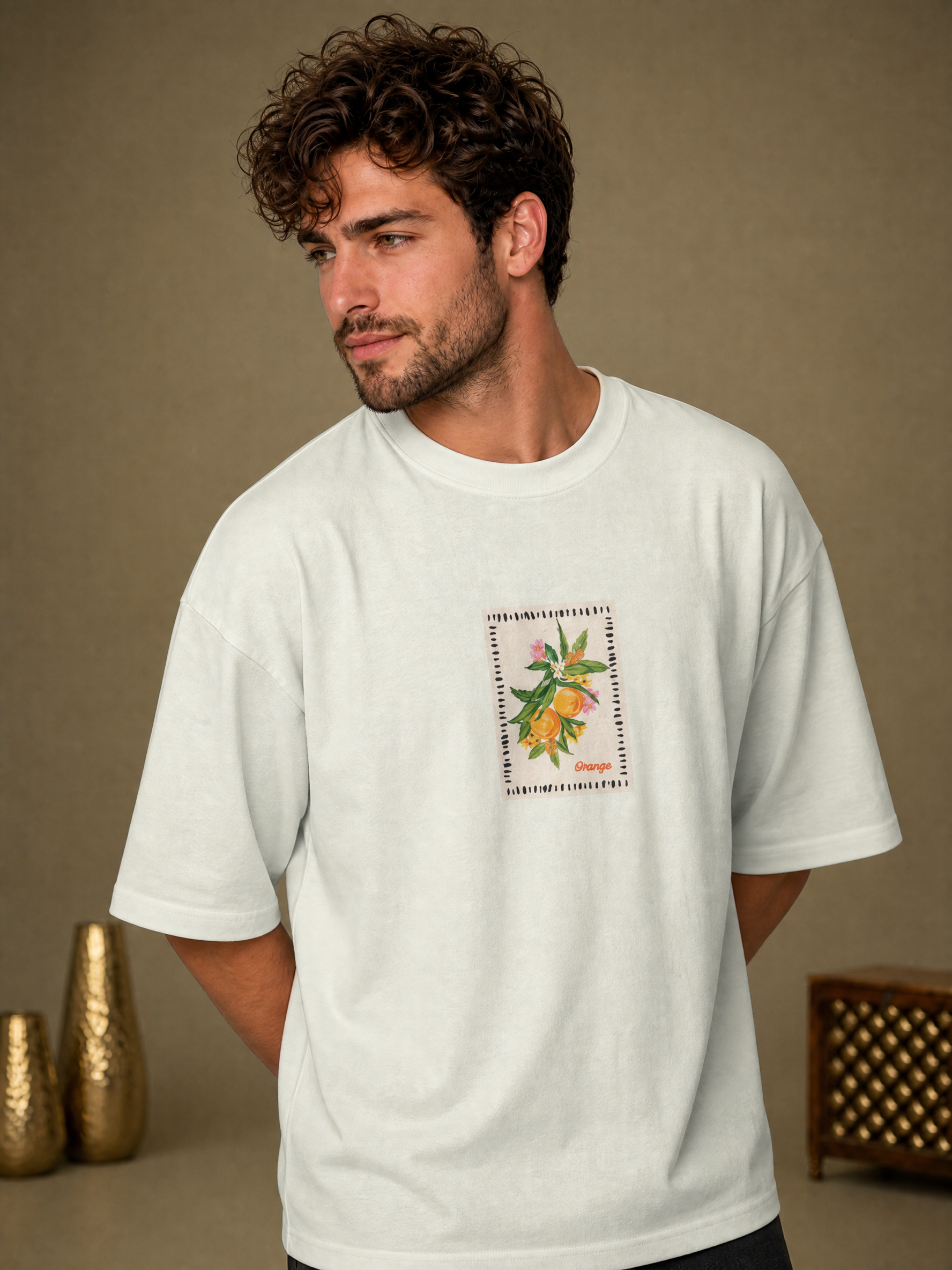 Men’s Orange Graphic Oversized T-Shirt - White