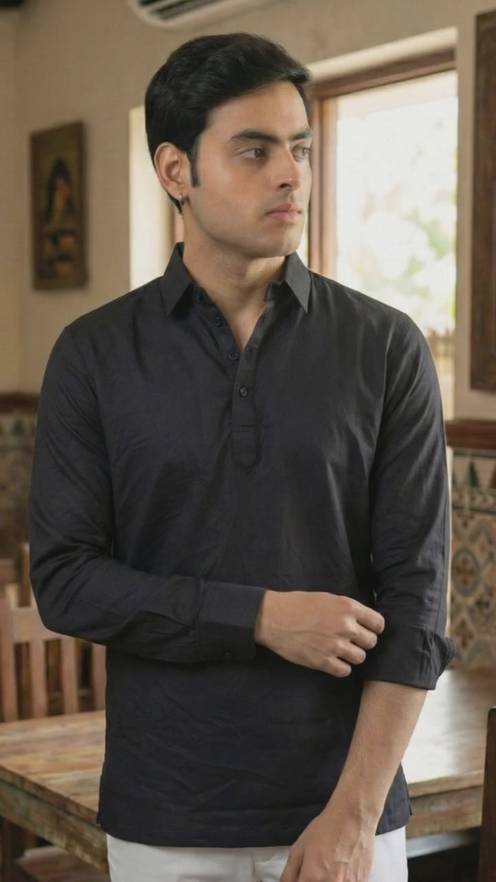 Men’s Midnight Black Premium Long Sleeve Henley Shirt with Buttoned Cuffs