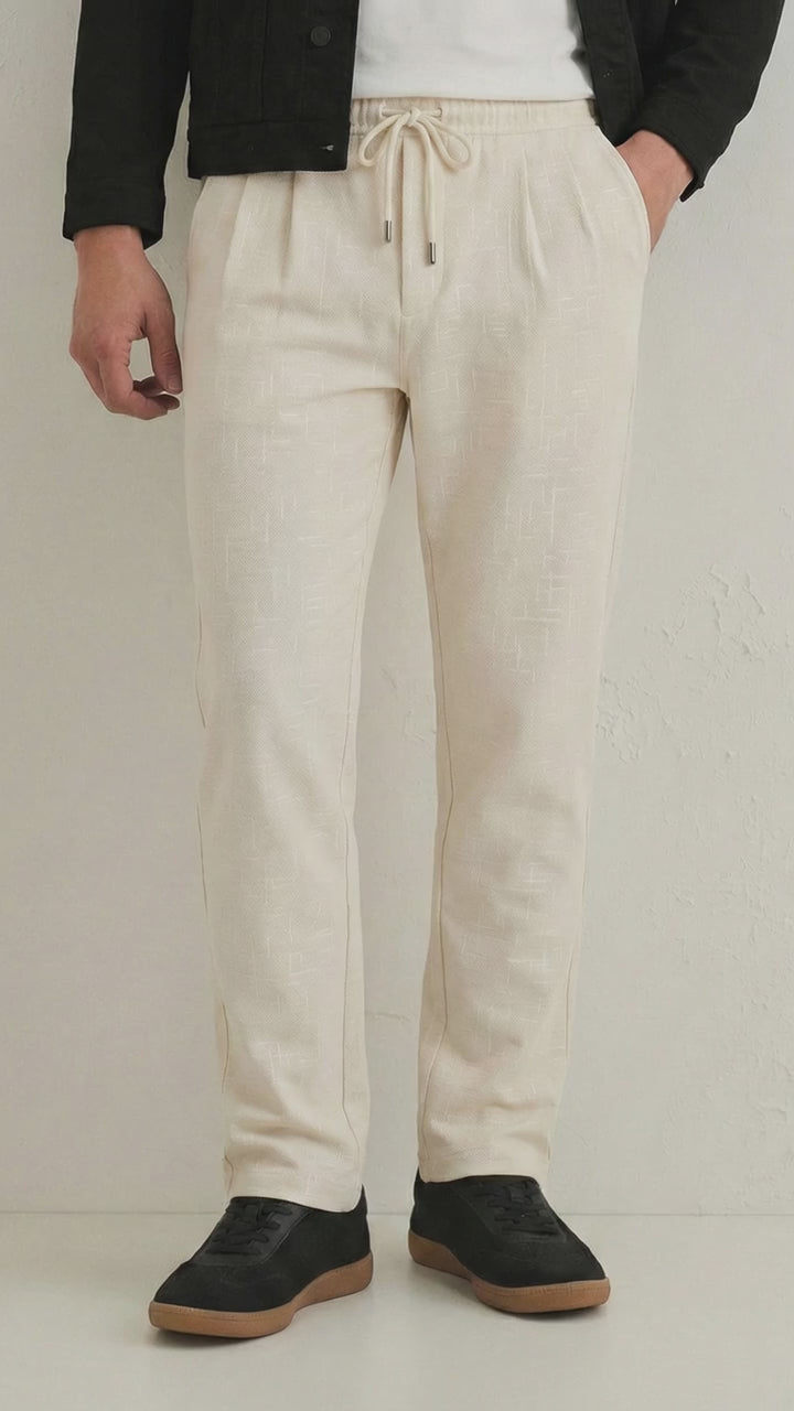 Men's Cream Textured Relaxed Fit Trousers with Elasticated Drawstring Waist