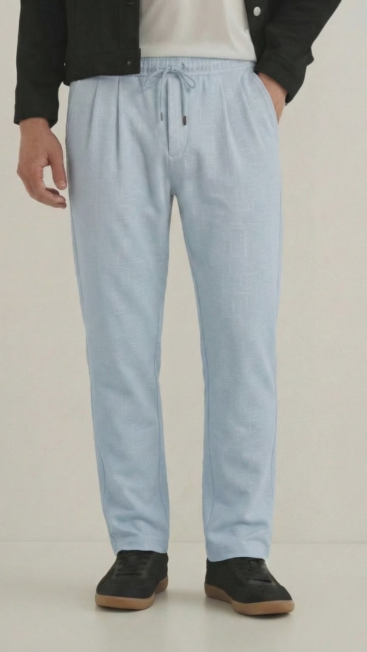 Men's Sky Blue Textured Relaxed Fit Trousers with Elasticated Drawstring Waist