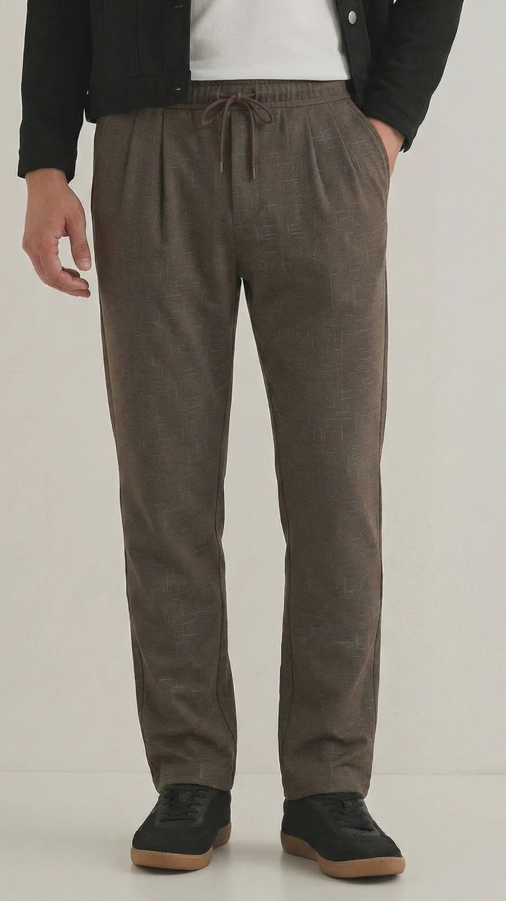 Men's Taupe Textured Relaxed Fit Trousers with Elasticated Drawstring Waist