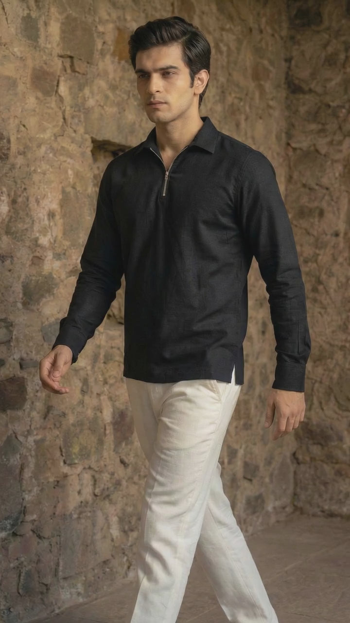Men’s Midnight Black Premium Quarter-Zip Long Sleeve Polo Shirt