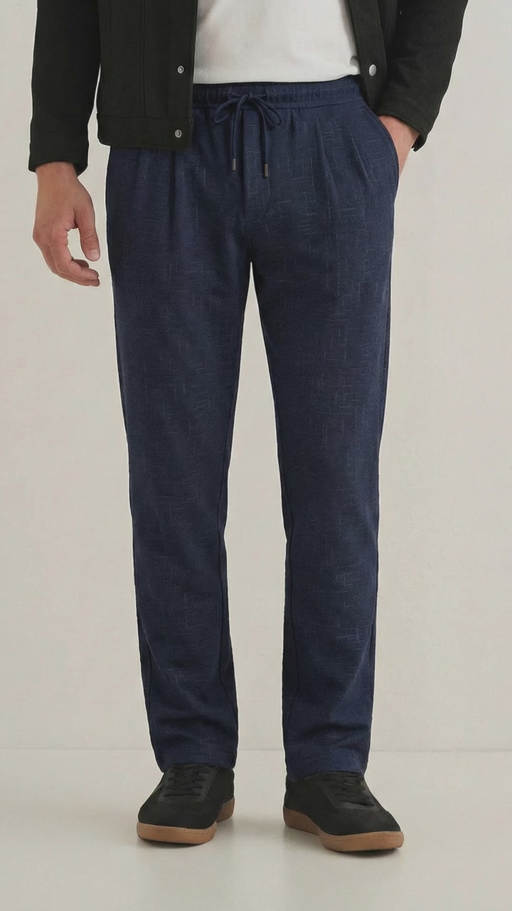Men's Navy Blue Textured Relaxed Fit Trousers with Elasticated Drawstring Waist