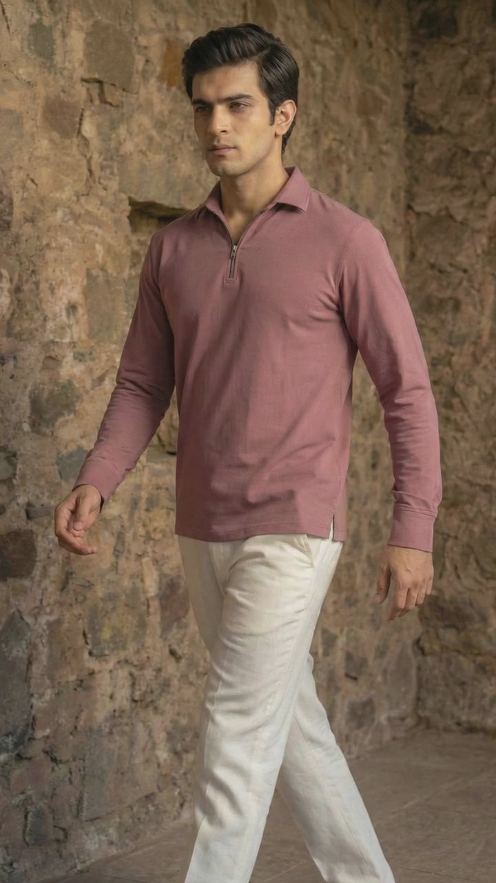 Men’s Muted Mauve Premium Quarter-Zip Long Sleeve Polo Shirt