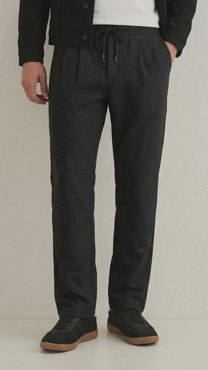 Men's Black Textured Relaxed Fit Trousers with Elasticated Drawstring Waist