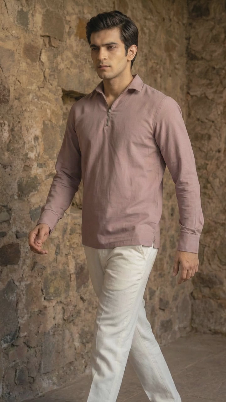 Men’s Dusty Rose Premium Quarter-Zip Long Sleeve Polo Shirt