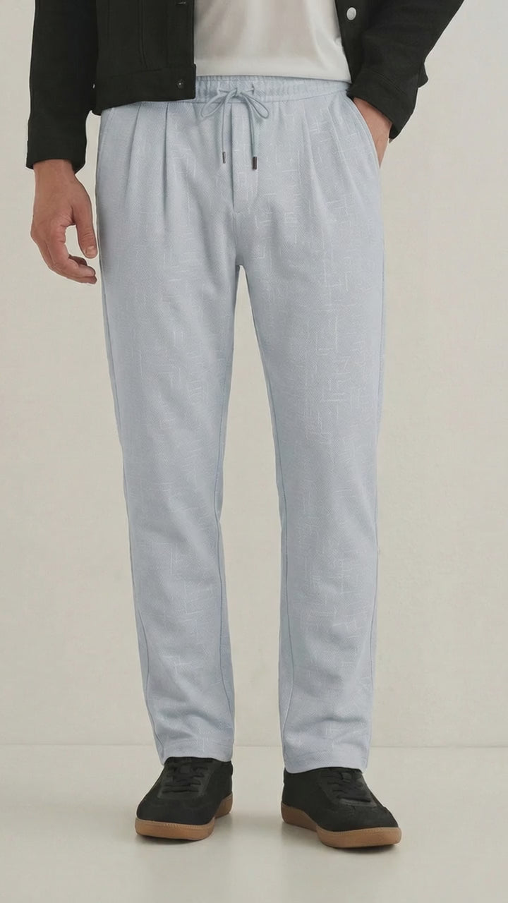 Men's Pale Grey Textured Relaxed Fit Trousers with Elasticated Drawstring Waist
