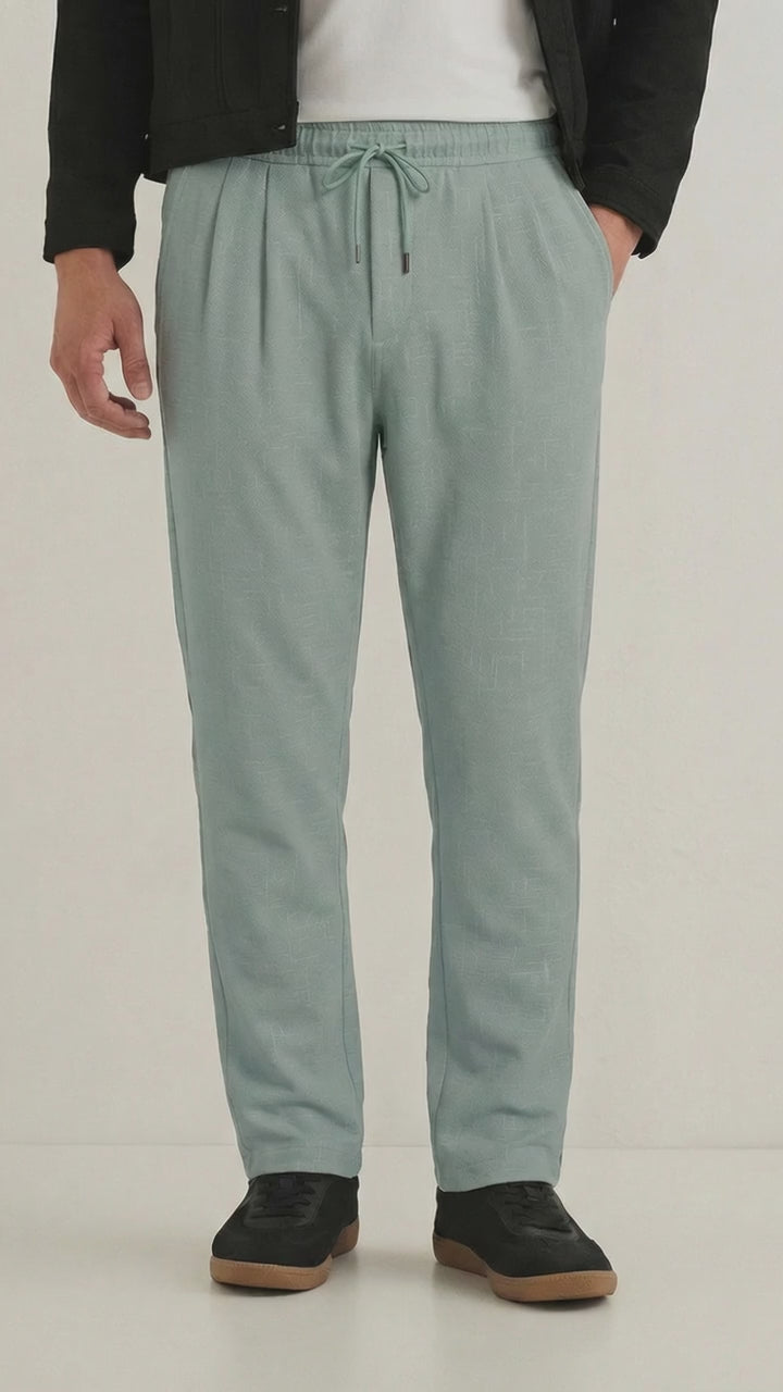 Men's Sage Green Textured Relaxed Fit Trousers with Elasticated Drawstring Waist